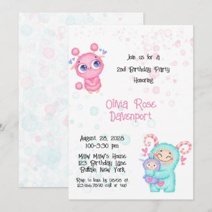 Cute Girl Monster Birthday Party Kaart