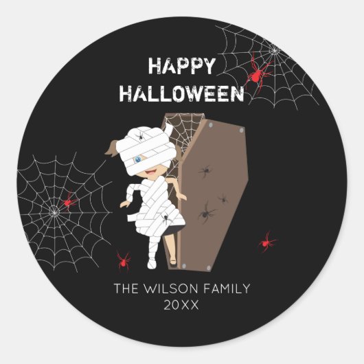Cute Girl Mummy Coffin Halloween Family & Year Ronde Sticker (Voorkant)