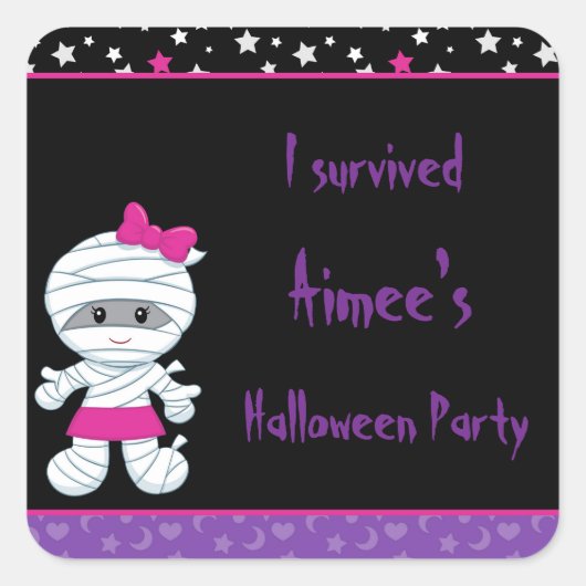 Cute Girl Mummy Halloween Party 'I Survived' Vierkante Sticker (Voorkant)