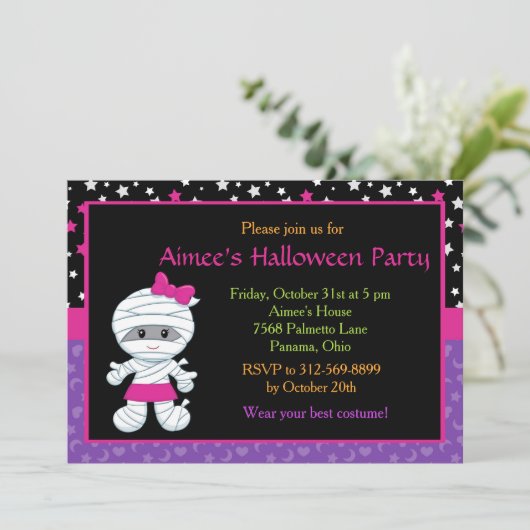 Cute Girl Mummy Halloween Party Invitation Kaart (Staand voorkant)