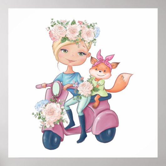 Cute Girl op Motor Scooter met Little Fox Poster (Voorkant)