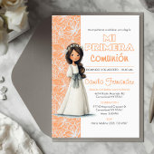 Cute Girl Peach Background Spanish First Communion Kaart