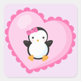 Cute Girl Penguin in Big Light Pink Heart Vierkante Sticker