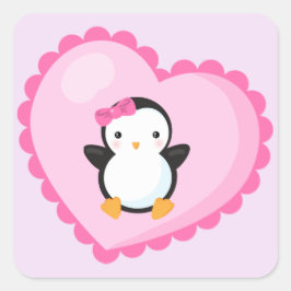 Cute Girl Penguin in Big Light Pink Heart Vierkante Sticker