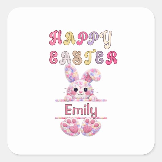 Cute Girl Personalize Happy Easter Bunny Vierkante Sticker (Voorkant)
