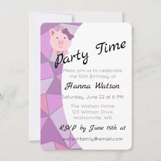 Cute Girl Pig Birthday Party Invitation Kaart (Voorkant)