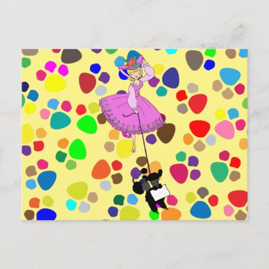 Cute Girl Pink Dress Black poodle cartoon Briefkaart (Voorkant)