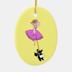 Cute Girl Pink Dress Black poodle cartoon Keramisch Ornament