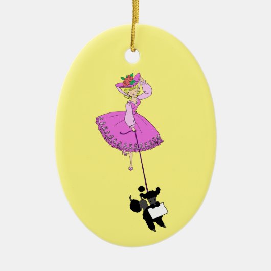 Cute Girl Pink Dress Black poodle cartoon Keramisch Ornament (Voorkant)