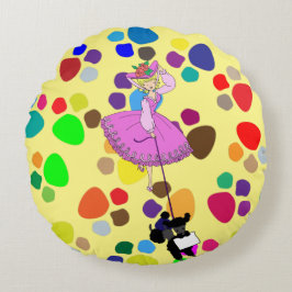 Cute Girl Pink Dress Black poodle cartoon Rond Kussen