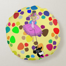Cute Girl Pink Dress Black poodle cartoon Rond Kussen