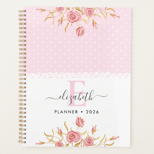 Cute Girl Pink Gold Roses Planner (Voorkant)