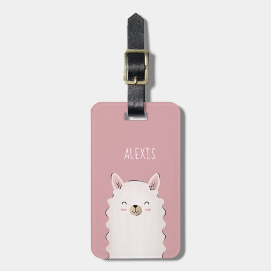 Cute Girl Pink Happy Llama Kind Naam Funny Animal Bagagelabel (Voorkant verticaal)