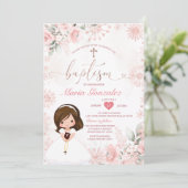 Cute Girl Pink Rose Gold Floral Snowflake Baptism Kaart (Staand voorkant)