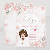 Cute Girl Pink Rose Gold Floral Snowflake Baptism Kaart (Voorkant / Achterkant)