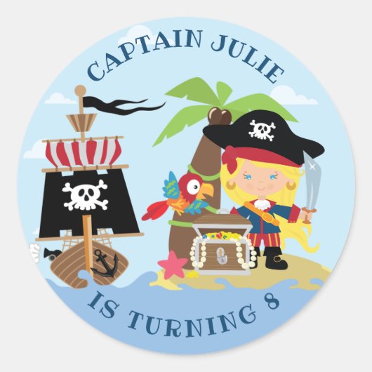 Cute Girl Pirate Party Stickers (Voorkant)
