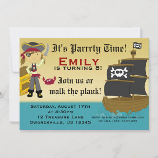 Cute Girl Pirate Ship Birthday Party Invitation Kaart