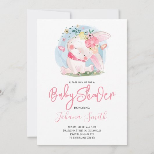 Cute Girl Rabbit Baby shower Invitation Kaart (Voorkant)