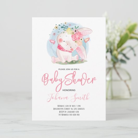 Cute Girl Rabbit Baby shower Invitation Kaart (Staand voorkant)