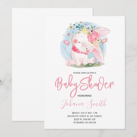 Cute Girl Rabbit Baby shower Invitation Kaart (Voorkant / Achterkant)