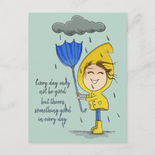 Cute Girl Rainy Windy Day Grafische Aanmoediging Briefkaart