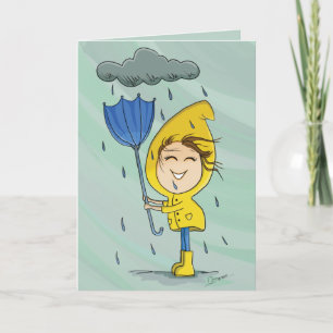 Cute Girl Rainy Windy Day Grafische Aanmoediging Notitiekaartje