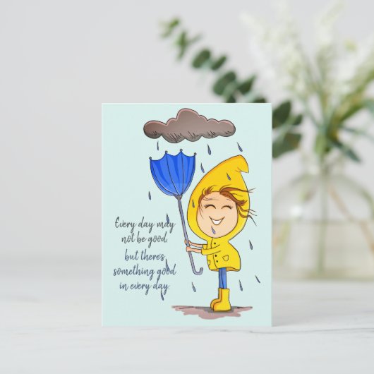 Cute Girl Rainy Windy Day Grafische Aanmoediging P Briefkaart (Staand voorkant)