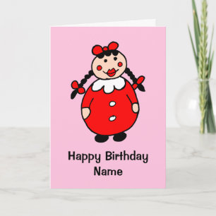 Cute Girl Red Dress Black Hair Cartoon Birthday Kaart
