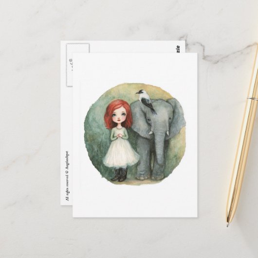 Cute Girl Red Hair With Elephant and Bird Briefkaart (Voorkant / Achterkant in situ)