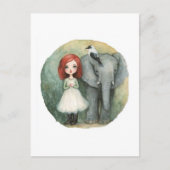 Cute Girl Red Hair With Elephant and Bird Briefkaart (Voorkant)