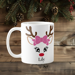 Cute Girl Reindeer Pink Bow Mok voor kerstmis