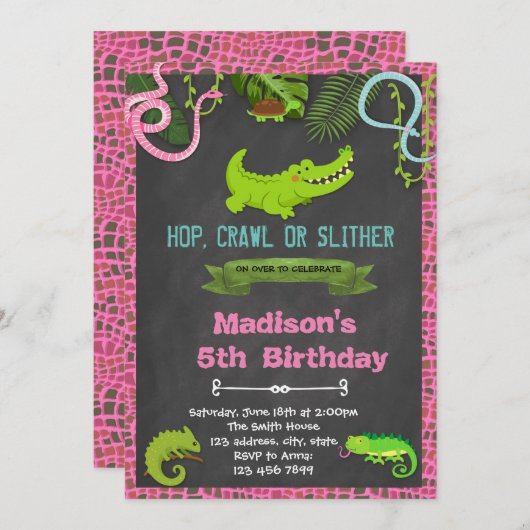 Cute girl reptile party-uitnodiging kaart (Voorkant / Achterkant)