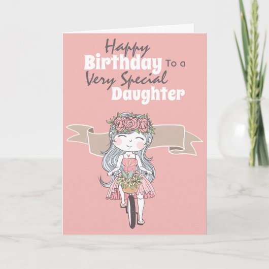Cute girl riding bicycle daughter birthday wishes kaart (Voorkant)