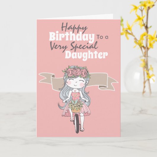 Cute girl riding bicycle daughter birthday wishes kaart (Gele Bloem)