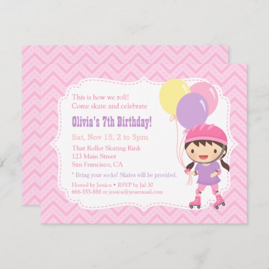 Cute Girl Roller Skating Birthday Party Kaart (Voorkant / Achterkant)