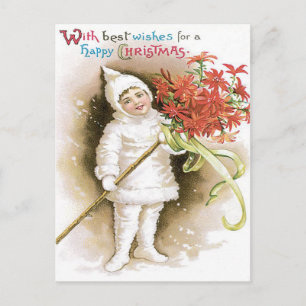 Cute Girl Snow Poinsettia Yellow Ribbon Briefkaart