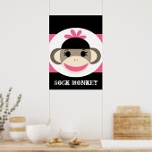 Cute Girl Sock Monkey Black Pink Stripes Poster (Keuken)