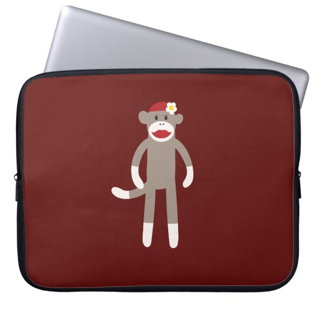 Cute Girl Sock Monkey op rood Laptop Sleeve (Voorkant)
