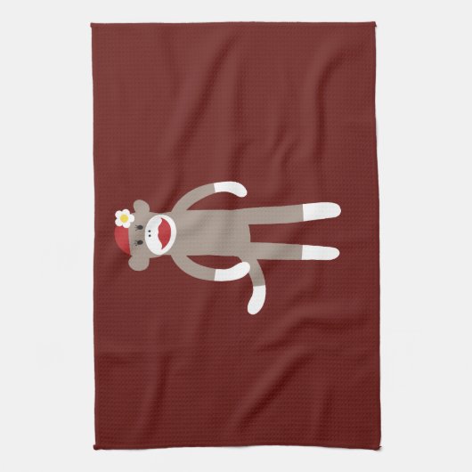 Cute Girl Sock Monkey op rood Theedoek (Verticaal)