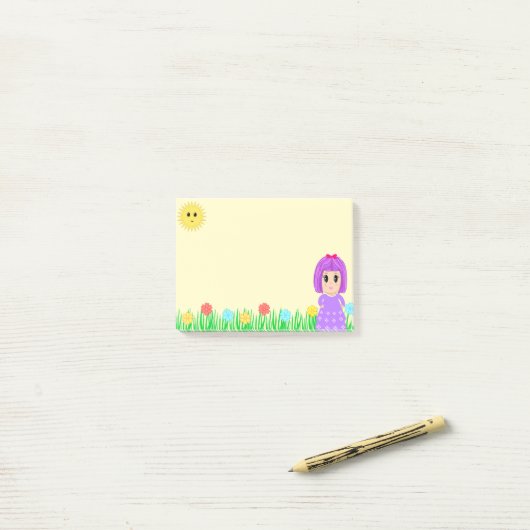 Cute Girl, Sun, Flowers & Grass Post-it® Notes (Op bureau)