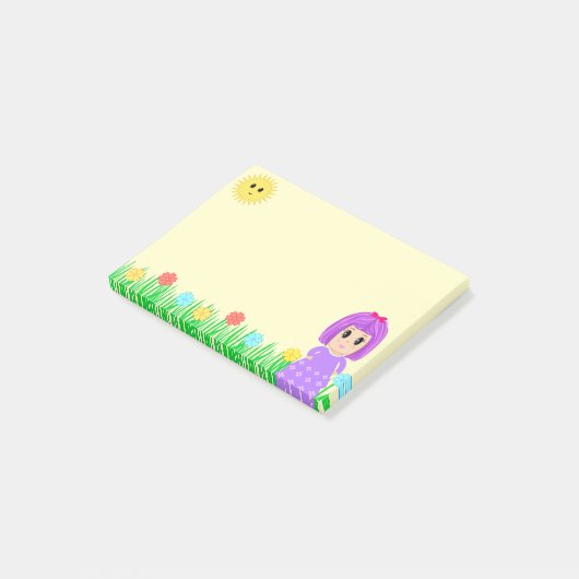 Cute Girl, Sun, Flowers & Grass Post-it® Notes (Schuin)