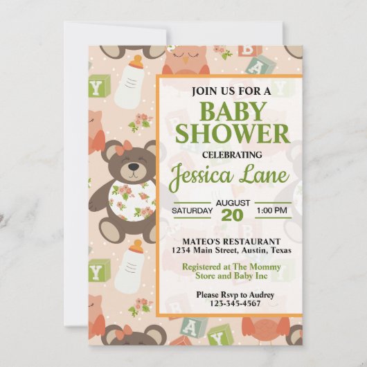 Cute Girl Teddy Beer Babyshower Uitnodiging (Voorkant)
