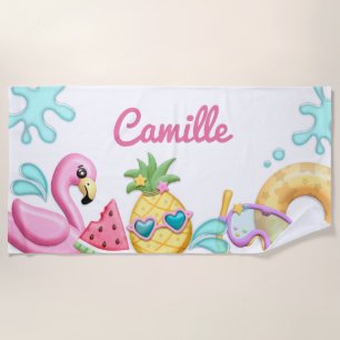 Cute Girl Tropical Flamingo Personalized Strandlaken