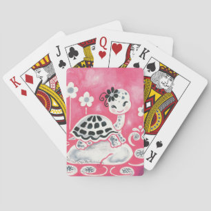 Cute Girl Turtle With Flowers & Swirls Speelkaarten