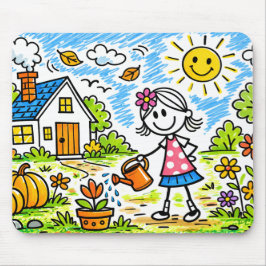Cute Girl Watering Flowers Mouse Pad Muismat