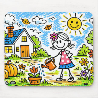 Cute Girl Watering Flowers Mouse Pad Muismat