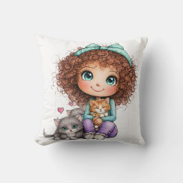 Cute Girl with Kittens Kawaii Cozy Art Kussen