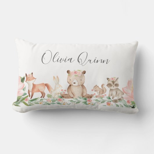 Cute Girl Woodland Animals Roze Baby Kussen (Voorkant)