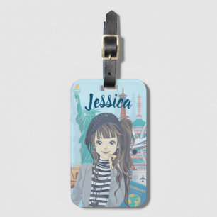 Cute Girl World Travel geïllustreerd op persoonlij Bagagelabel