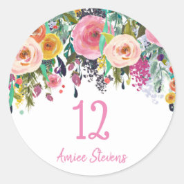 Cute Girls 12th Birthday Party Pink Flower Peach Ronde Sticker